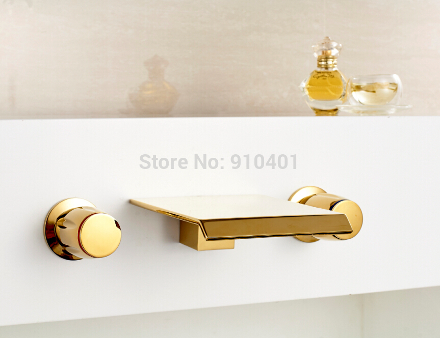 Wholesale And Retail Promotion Luxury Golden Ti-PVD Bathroom Waterfall Basin Faucet Dual Handles Sink Mixer Tap