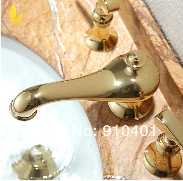 Wholesale And Retail Promotion Luxury Widespread Golden Brass Bathroom Basin Faucet Dual Handles Sink Mixer Tap