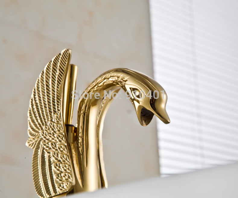 Wholesale And Retail Promotion Modern Golden Brass Bathroom Basin Swan Faucet Deck Mount Vanity Sink Mixer Tap