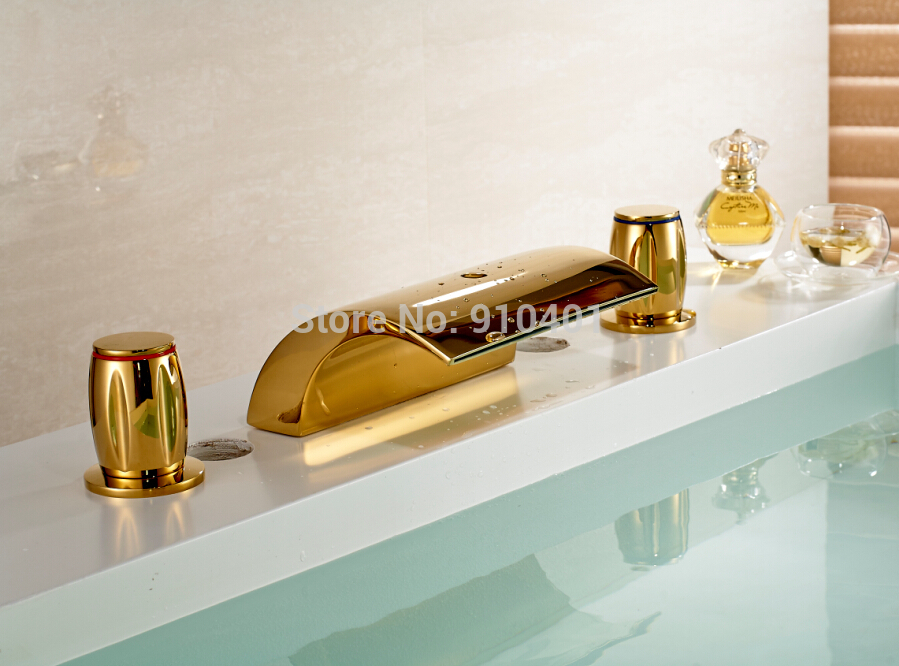 Wholesale And Retail Promotion NEW Golden Brass Bathroom Basin Faucet Big Waterfall Spout Vanity Sink Mixer Tap