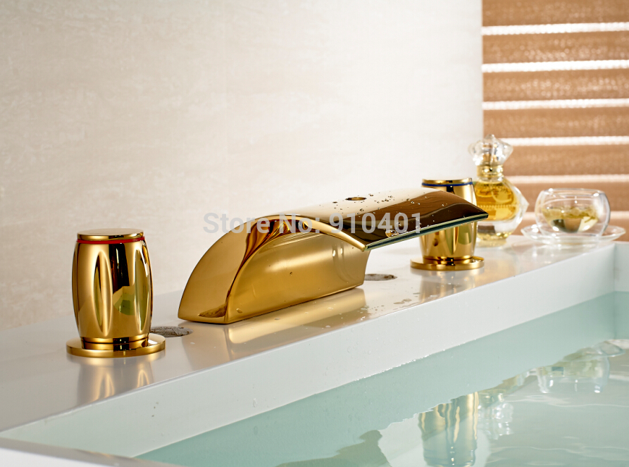 Wholesale And Retail Promotion NEW Golden Brass Bathroom Basin Faucet Big Waterfall Spout Vanity Sink Mixer Tap