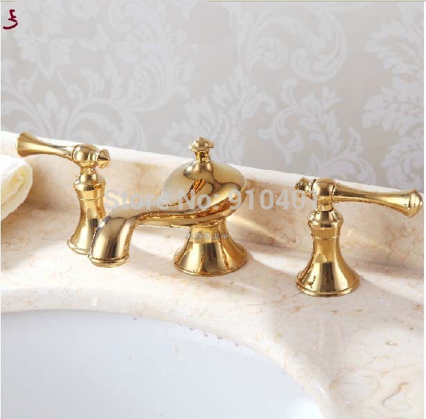 Wholesale And Retail Promotion NEW Golden Brass Bathroom Deck Mounted Luxury Faucet Dual Handles Sink Mixer Tap