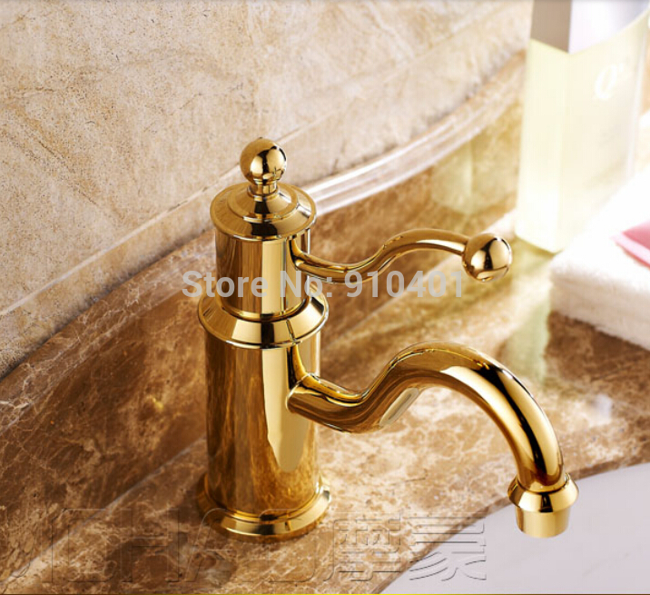 Wholesale And Retail Promotion NEW Golden Brass Bathroom Single Handle Hole Vanity Sink Mixer Tap Deck Mounted