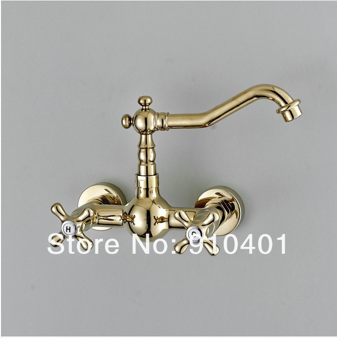 Wholesale And Retail Promotion NEW Golden Finish Wall Mount Bathroom Basin Faucet Dual Handles Sink Mixer Tap