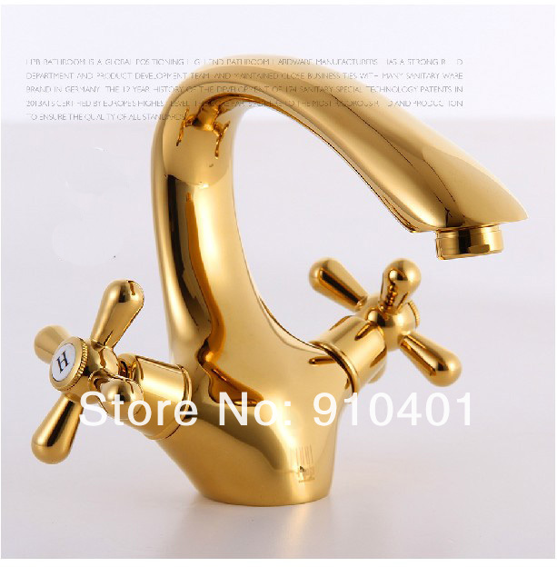 Wholesale And Retail Promotion NEW Roman Style Bathroom Golden Faucet Dual Cross Handles Vanity Sink Mixer Tap