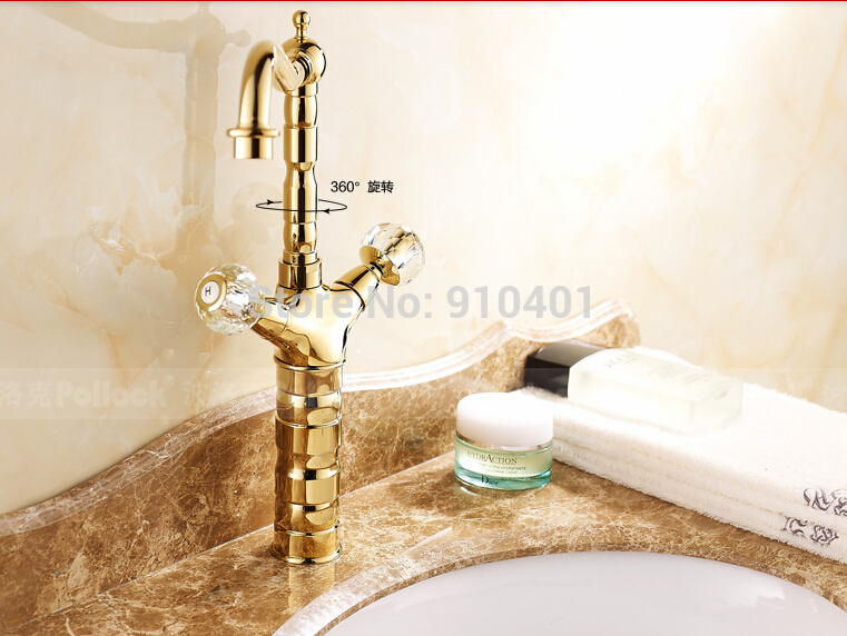 Wholesale And Retail Promotion NEW Tall Bathroom Basin Faucet Golden Brass Dual Handles Vanity Sink Mixer Tap