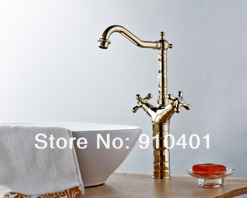 Wholesale And Retail Promotion Polish Golden Brass Bathroom Basin Faucet Two Cross Handles Tall Sink Mixer Tap