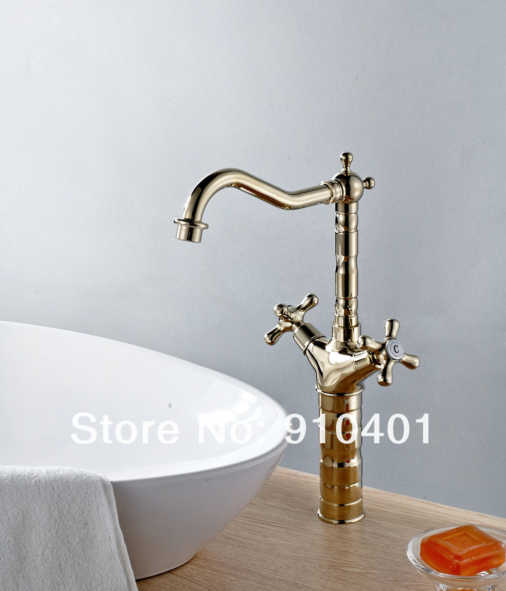 Wholesale And Retail Promotion Polish Golden Brass Bathroom Basin Faucet Two Cross Handles Tall Sink Mixer Tap