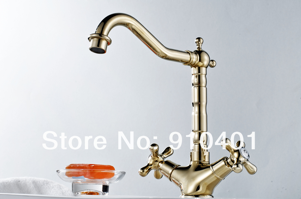 Wholesale And Retail Promotion Polished Golden Bathroom Basin Faucet Two Handles Swivel Spout Sink Mixer Tap