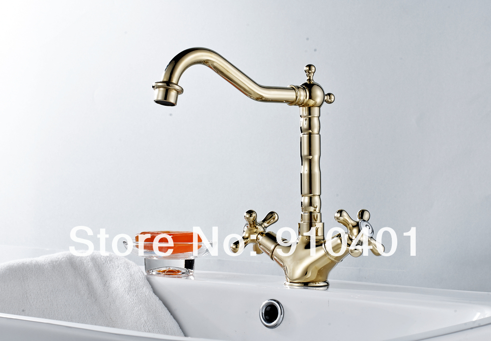 Wholesale And Retail Promotion Polished Golden Bathroom Basin Faucet Two Handles Swivel Spout Sink Mixer Tap