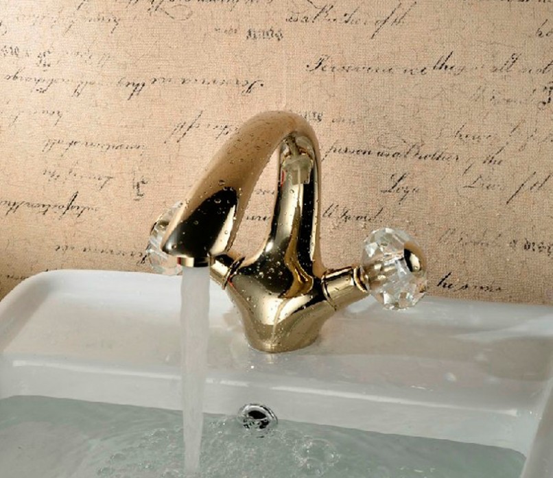 Wholesale And Retail Promotion Polished Golden Brass Bathroom Faucet Vessel Sink Mixer Tap Dual Crystal Knobs