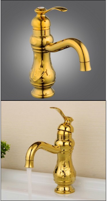 Wholesale And Retail Promotion Polished Golden Brass Flower Carved Bathroom Sink Faucet Single Handle Mixer Tap