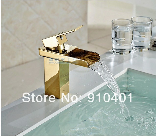 Wholesale And Retail Promotion Polished Golden Finish Waterfall Bathroom Basin Faucet Single Lever Mixer Tap
