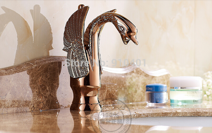 Wholesale And Retail Promotion Rose Golden Bathroom Swan Faucet Single Handle Vanity Sink Mixer Tap Deck Mount