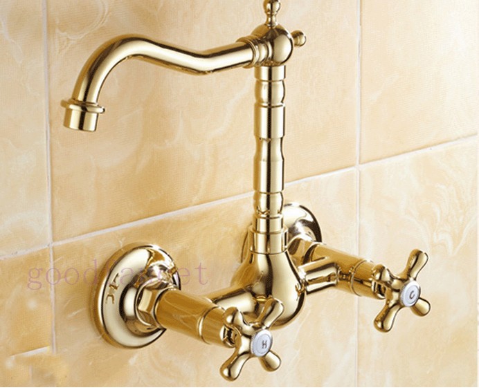 Wholesale And Retain Promotion New Golden Wall Mounted Dual Handles Bathroom Mixer Tap SwiveL Spout Faucet