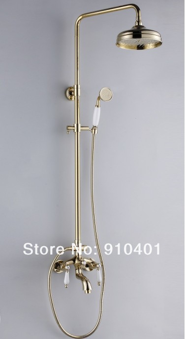 NEW Luxury Polish Bathroo Wall Mount Shower Set  Faucet Shower Head& Ceramic Handle Tub Faucet&Hand Shower (Gold Finish)