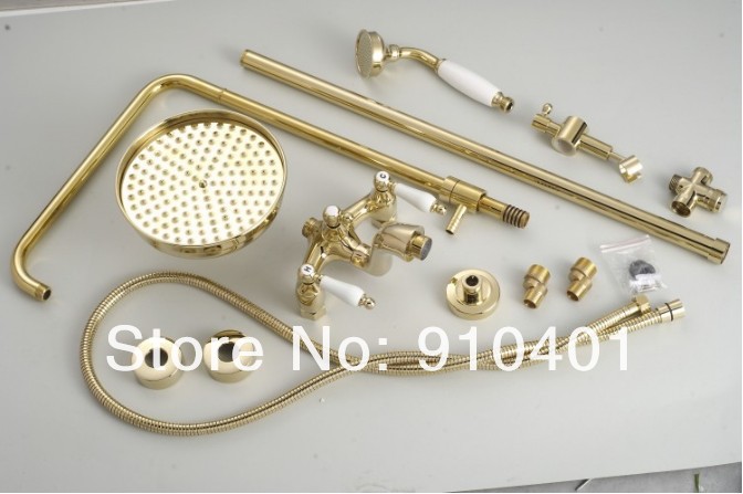 NEW Luxury Polish Bathroo Wall Mount Shower Set  Faucet Shower Head& Ceramic Handle Tub Faucet&Hand Shower (Gold Finish)