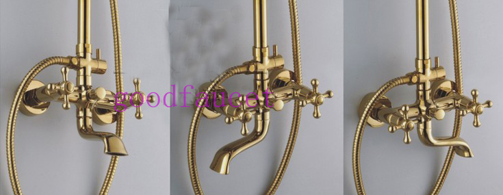 Rainfall shower faucet set with slide bar tub faucet mixer +handheld shower wall mount golden finish