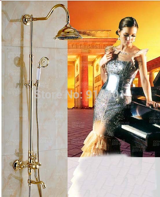 Wholdsale And Retail Promotion Luxury Golden Brass Rain Shower Faucet Tub Mixer Tap Single Handle W/ Hand Unit