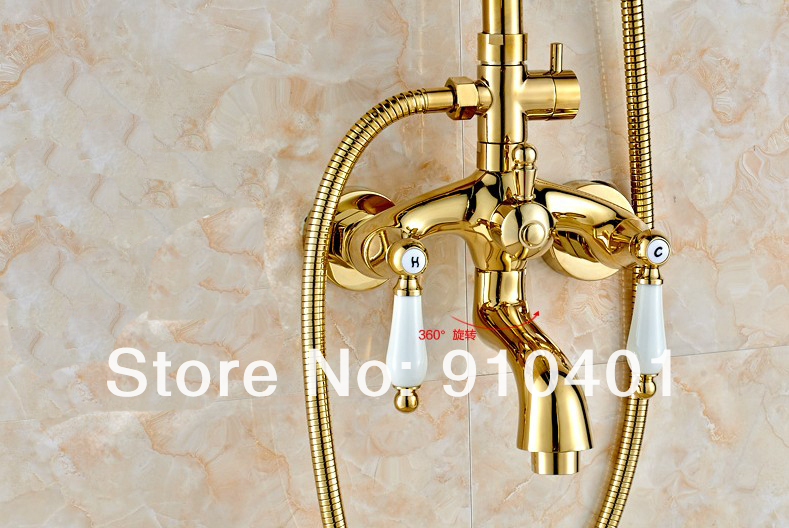 Wholdsale And Retail Promotion Luxury Golden Finish 8" Rain Shower Faucet Set Bathtub Mixer Tap Ceramic Handles