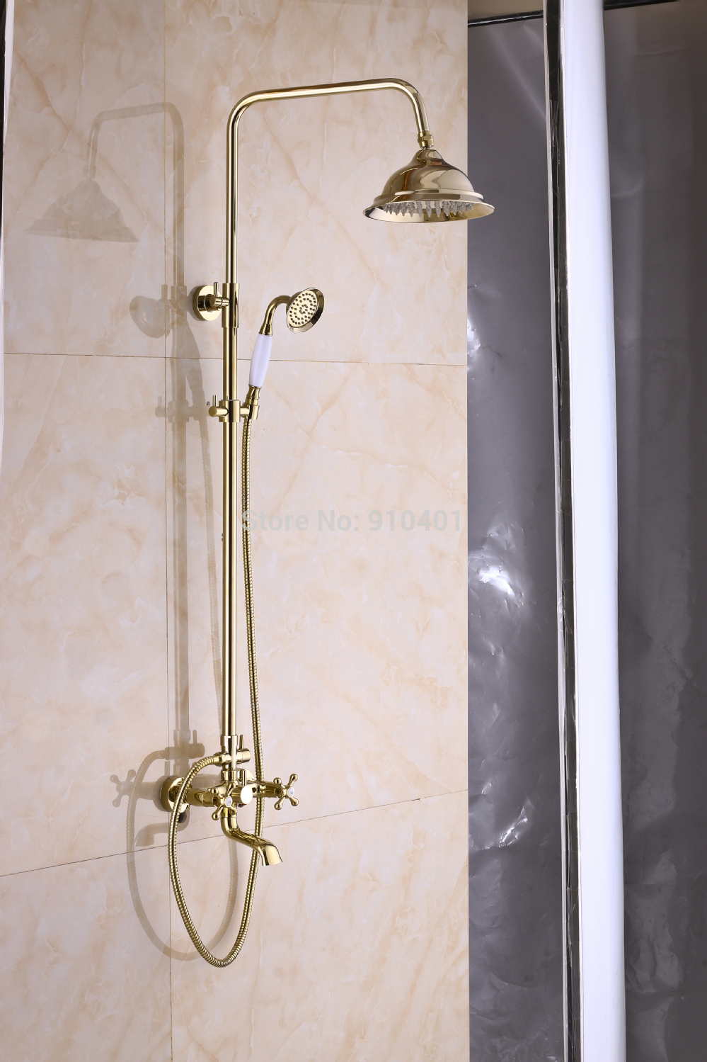 Wholesale And Retail Promotion Golden Brass Rain Shower Faucet Set Bathtub Mixer Tap Dual Handles Hand Shower