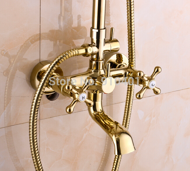 Wholesale And Retail Promotion Golden Brass Rain Shower Faucet Set Bathtub Mixer Tap Dual Handles Hand Shower
