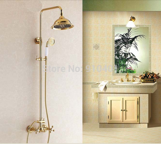 Wholesale And Retail Promotion Luxury Golden Brass Dual Cross Handles Rain Shower Faucet Set With Hand Shower