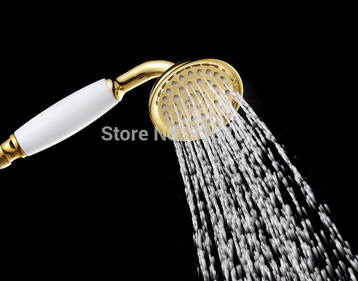 Wholesale And Retail Promotion Luxury Golden Brass Dual Cross Handles Rain Shower Faucet Set With Hand Shower