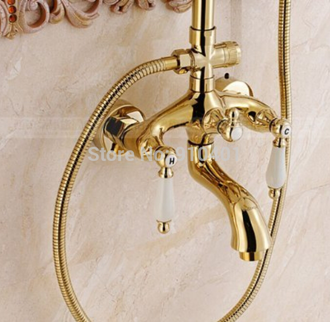 Wholesale And Retail Promotion Luxury Golden Brass Rain Shower Faucet Tub Mixer Tap Dual Handles Shower Column