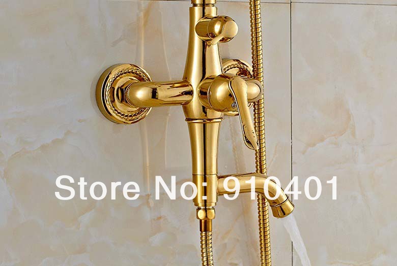 Wholesale And Retail Promotion NEW Luxury Golden Brass Shower Faucet Set + Tub Mixer Tap + Hand Shower 1 Handle