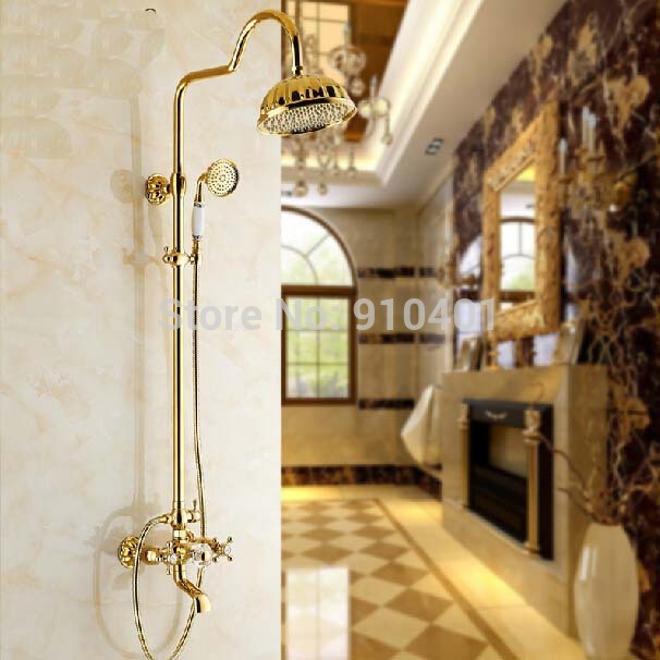 Wholesale And Retail Promotion NEW Modern Golden Rain Shower Faucet Shower Column Tub Mixer Tap Crystal Handles