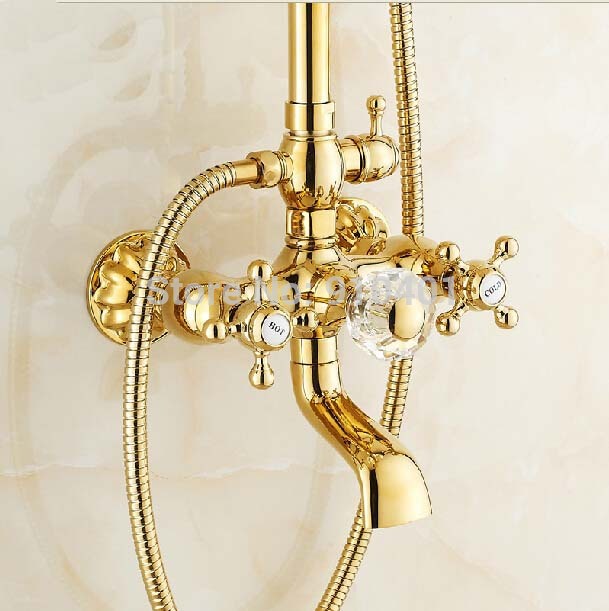 Wholesale And Retail Promotion NEW Modern Golden Rain Shower Faucet Shower Column Tub Mixer Tap Crystal Handles