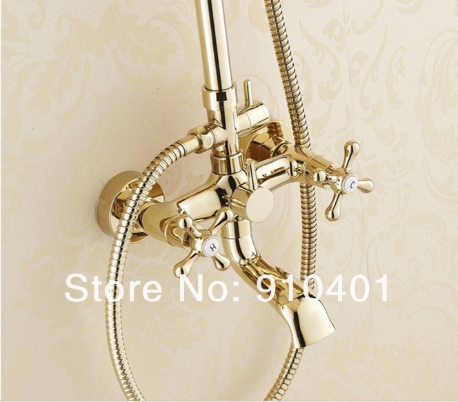 Wholesale And Retail Promotion Wall Mounted Golden Brass 8" Rain Shower Faucet Bathtub Mixer Tap Dual Handles