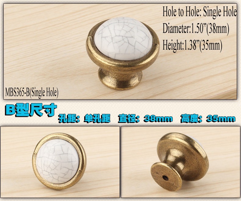 Single Hole Crack Ceramics Cabinet Wardrobe Cupboard Knob Drawer Door Pulls Handles MBS365-2