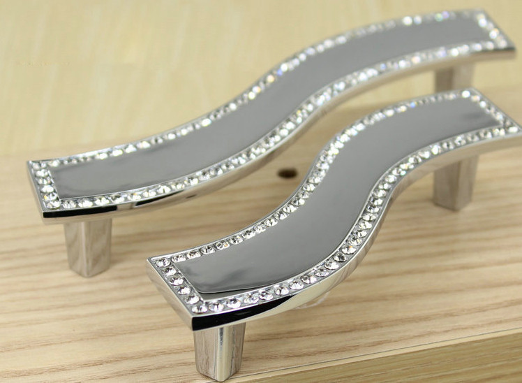 4pcs 96mm Luxury K9 Crystal Knobs Silver Wave Style Drawer Pulls Diamond Jewelry Box Knobs Furniture Bulk Price