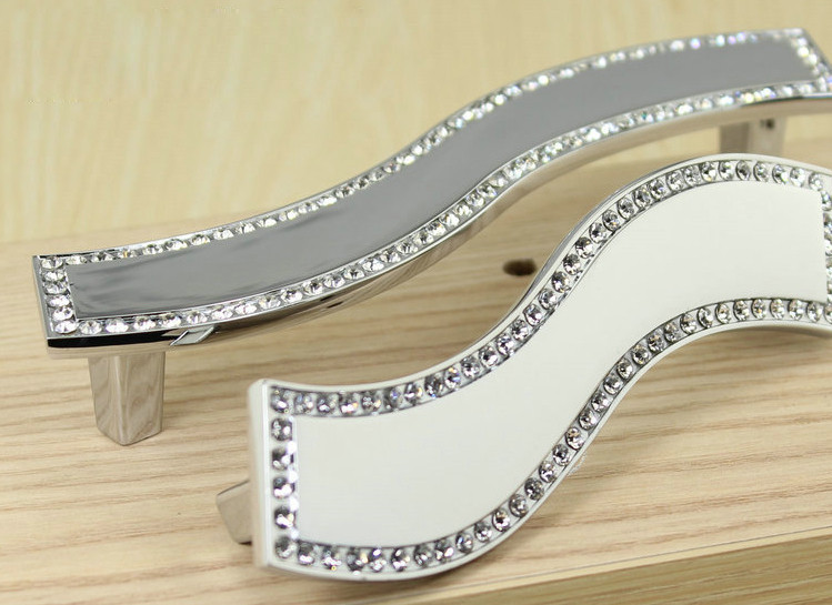 New 4pcs 128mm Luxury Top Gear China Crystal Knobs Silver Chrroming Wave Style Dresser Closet Pulls Diamond Jewelry Box Knobs