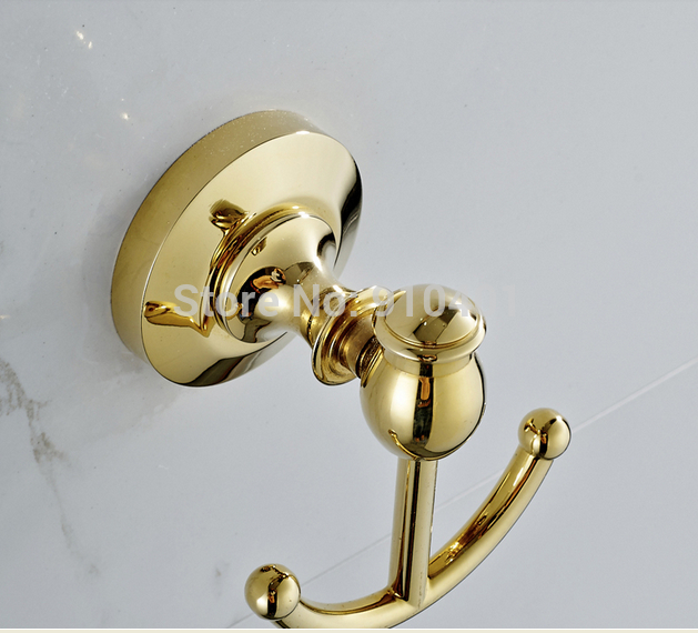 Wholesale And Retail Promotion Wall Mounted Bathroom Accessories Golden Brass Coat Hat Towel Hooks Dual Hangers