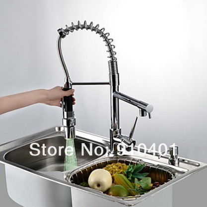 Wholesale / Retail NEW 3 Color Changing LED Chrome Brass Pull Out Water Power Kitchen Faucet Vessel Sink Mixer Tap