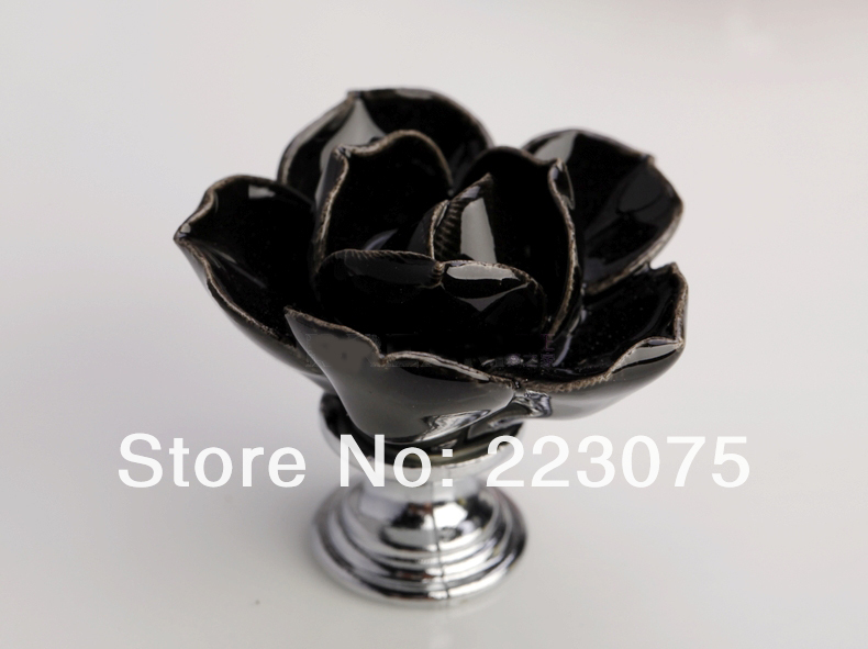 -D:45MM black lotus flower ceramic Cabinet DRAWER Pull Dresser pull/ Kitchen  knob door handel with screw 10pcs/lot