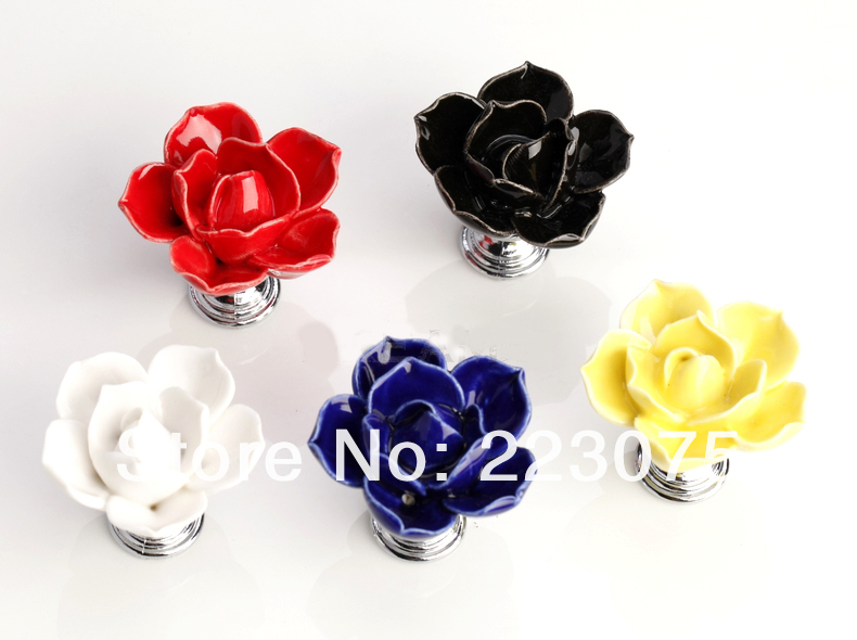 D 45mm Blue Lotus Flower Ceramic Cabinet Drawer Pull Dresser Pull