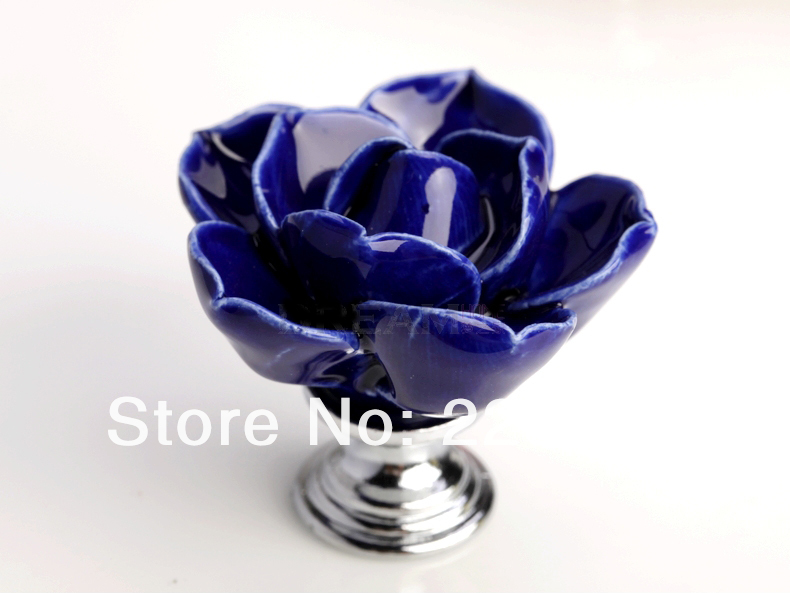 -D:45MM blue lotus flower ceramic Cabinet DRAWER Pull Dresser pull/ Kitchen  knob door handel with screw 10pcs/lot
