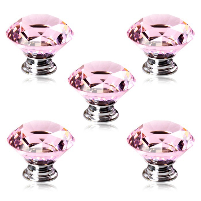 Luxury 5pcs/lot 40mm Pink Acrylic Diamond Shaped Door Pulls Drawer Cabinet Wardrobe Knobs Cupboard Handles Free Shipping