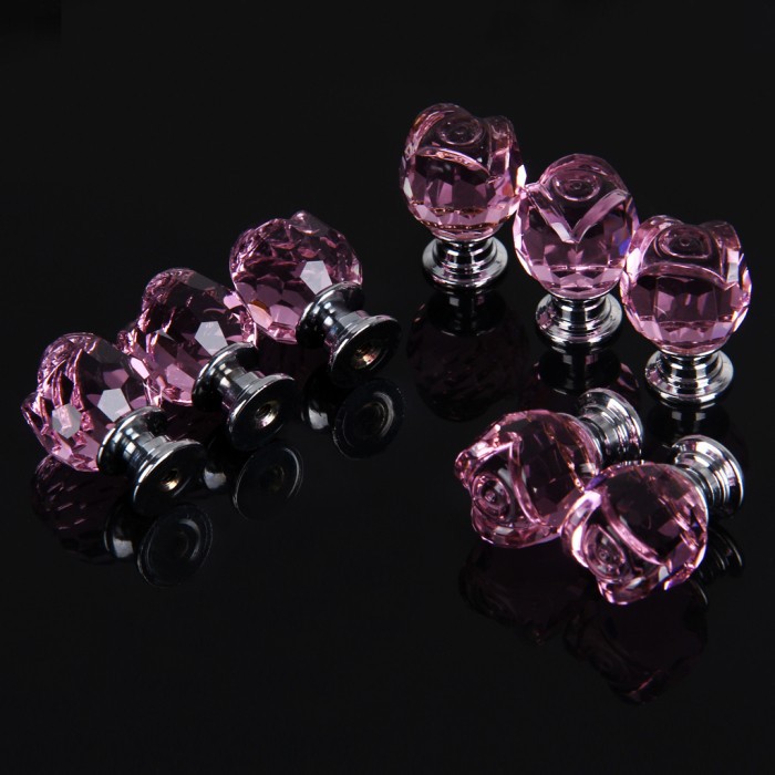 Rose Shaped Pink Glass Crystal Cabinet Pull Drawer Handle Kitchen Door Knob Home Furniture Knob 1PCS Diameter 20mm