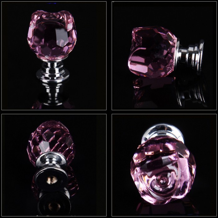 Rose Shaped Pink Glass Crystal Cabinet Pull Drawer Handle Kitchen Door Knob Home Furniture Knob 1PCS Diameter 20mm