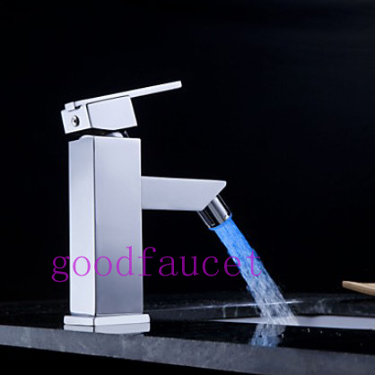 !3 colors changing Beautiful LED Bathroom Basin Sink Mixer Tap Chrome Finish Solid Brass Faucet Hot & Cold Tap