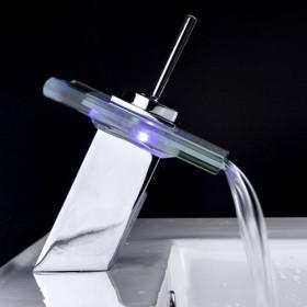 (RGB)Led faucet three-color light glass waterfall basin faucet bathroom mixer hot and cold tapROS6666-S