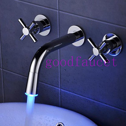 !Widespread bathroom basin faucet wall mounted LED color changing mixer tap chrome brass hot and cold water tap