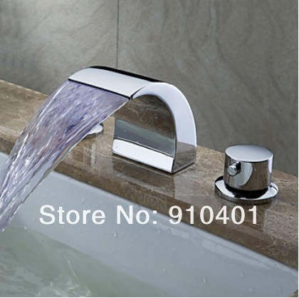 Classic Luxury 3pcs solid brass waterfall  bathroom tub faucet double circle handles with color changing