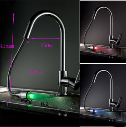 Color changing (green,red,blue)LED kitchen mixer tap chrome brass pull out vessel sink faucet single handle faucet