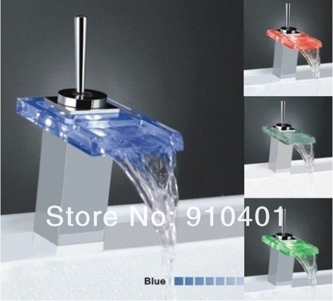 Contemporary Glass Waterfall LED light  Basin Faucet Bathroom Sink Mixer Chrome Finish Color Changing TAP RGB 54541